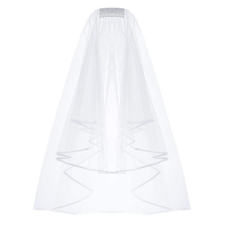 ZIYAN White Double Ribbon Edge Center Cascade Bridal Wedding Veil with Comb - Image 1
